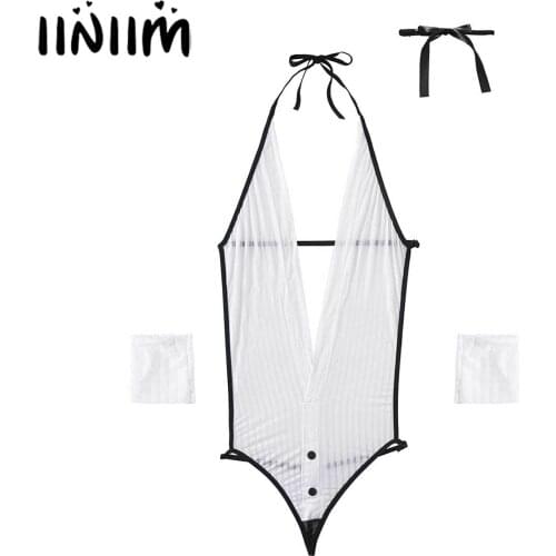 Womens Lace-up Striped Backless Transparent Teddies Lingerie Sissy 2020 Sexy Overalls Bodysuit Catsuit Underwear with Cuff Ring