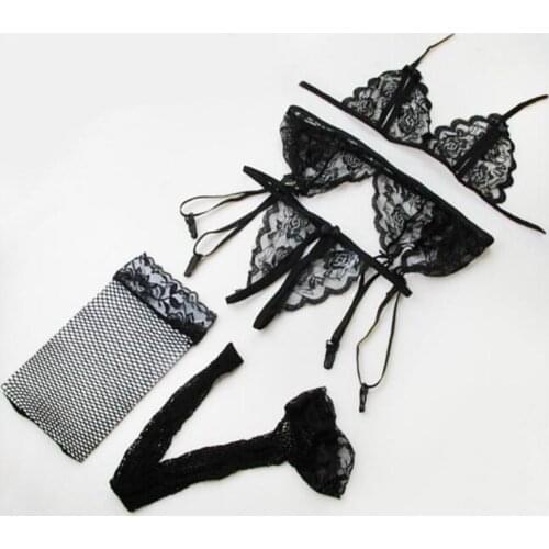 Women fantasia Sexy Lingerie Lace Bra + Garter + G-string Sexy Costumes Underwear Lenceria sexy Hot Erotic Dress For Sex Clothes