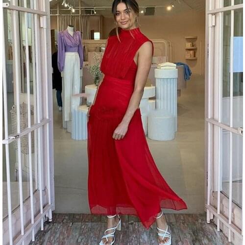 2021 Spring Dress Runway Women High Quality Sexy Sleeveless Party Designer Brand Holiday Elegant Solid Red Mixi Dresses Vestidos