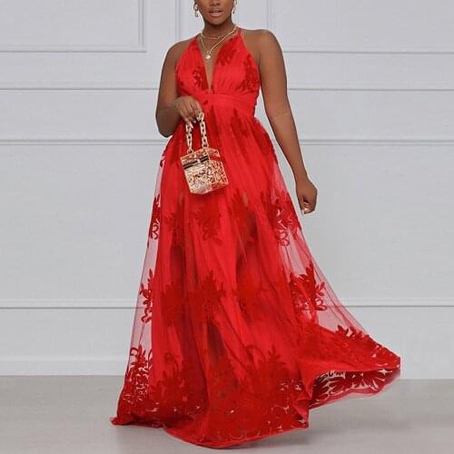 Plus Size 4XL 5XL Red Dress Spaghetti Strap V Neck Backless High Waisted Floor Length Embroidery Elegant Evening Party Vestidos