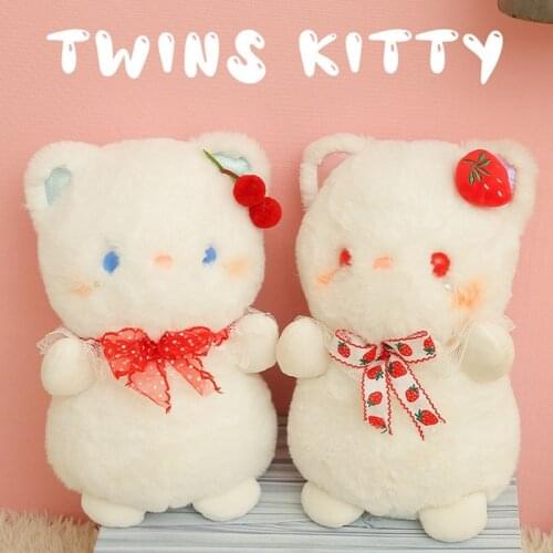 23cm Fresh Twins White Cats Plush Toy Soft Fluffy Cartoon Strawberry/Cherry Cat Stuffed Doll Kawaii Birthday Gift For Girls