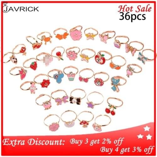36 Pcs/set Cartoon Children Rings Flower Animal Adjustable Alloy Kids Ring