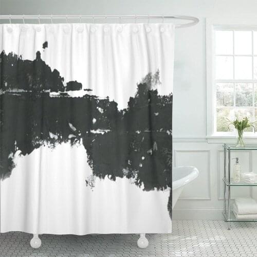 Abstract Ink Marble Black Paint Stroke on White Game Shower Curtain Waterproof Polyester Fabric 72 x 78 inches Set with Hooks