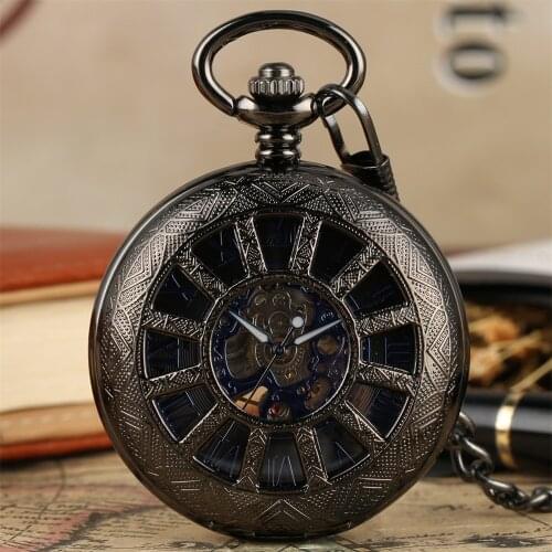 Vintage Blue Roman Numerals Dial Mechanical Hand Winding Pocket Watch Hollow Wheel Transparent Skeleton Manual Mechanism Clock