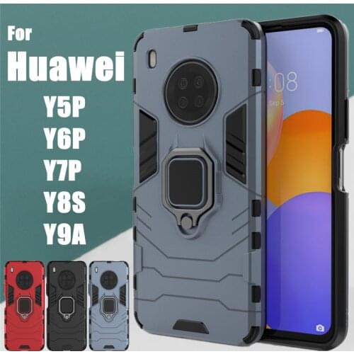 For Huawei Y5P Y6P Case Armor PC Cover Metal Ring Holder Phone Case For Y7P Y8S Y9A Cover Hard Bumper