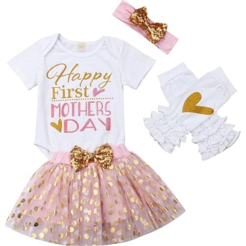 Focusnorm My First Mothers Day Baby Girls 4pcs Clothes Short Sleeve Print Letter Romper Skirts Headband Legging Outfits 4PCS