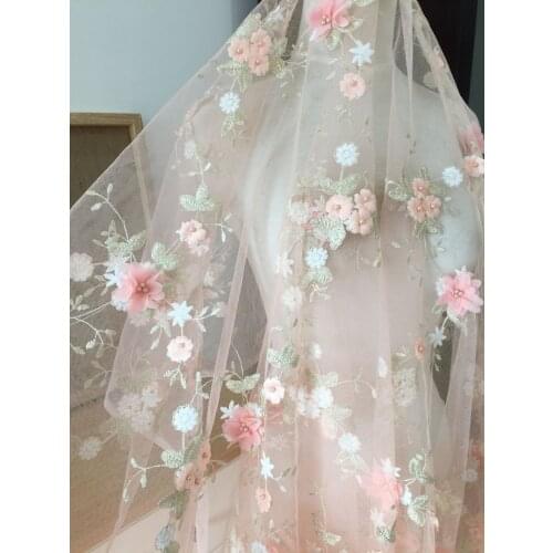 3D Pearl Beaded Flower Lace Fabric in Orange Pink for Baby Girl Dress Beading Applique Fabric for Victoria Gown 130cm Wide