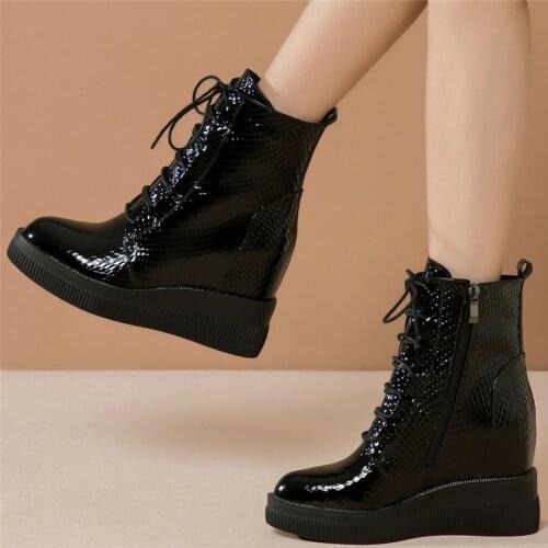 Fashion Sneakers Women Lace Up Strappy Genuine Leather High Heel Vulcanized Shoes Female Pointed Toe Platform Pumps Casual Shoes