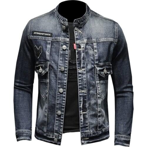 2021 Denim Jackets Men Blue Casual Denim Coat Standing collar Long Sleeve Denim Bomber Jacket Retro Motorcycle Men Jacket Coats