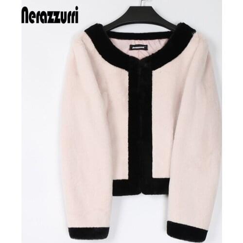 Nerazzurri Autumn Short Light Soft Faux Fur Coat Women Color Block Fluffy Furry Jacket for Women 2021 Fashion