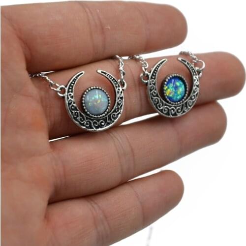 1Pc New Desgin Synthetic Opal Vintage Tribal Crescent Form Pendant Necklace with 24 inch Chain Fashion Jewelry