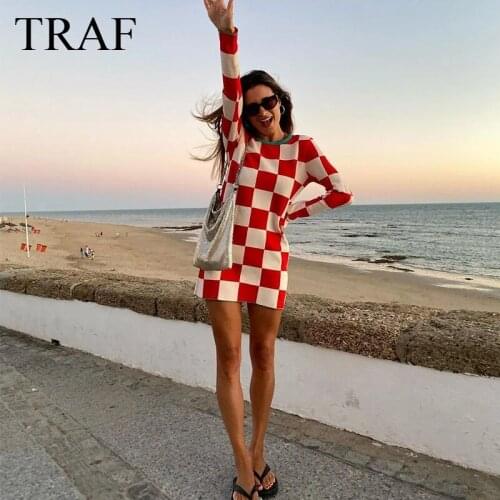 TRAF ZA Dress Fashion Red And White Plaid Knitted A-Line Dress Woman Clothes Loose Long Sleeves O-Neck Chic Lady Casual Dresses
