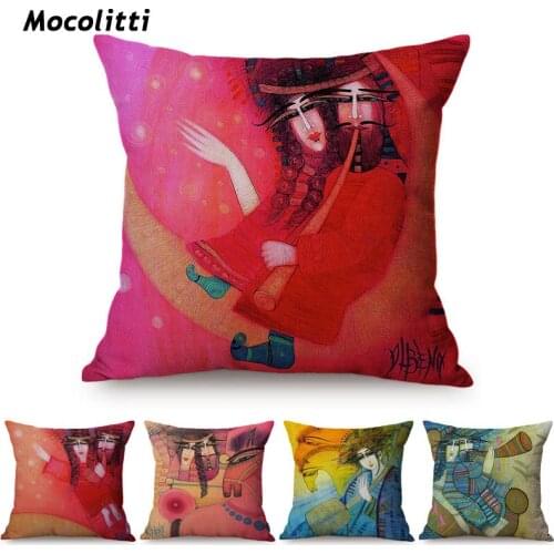 Pink Romantic Lovers Watercolor Art Cushion Cover Japan Traditional Abstract Art Cotton Linen Home Decoration Throw Pillow Case