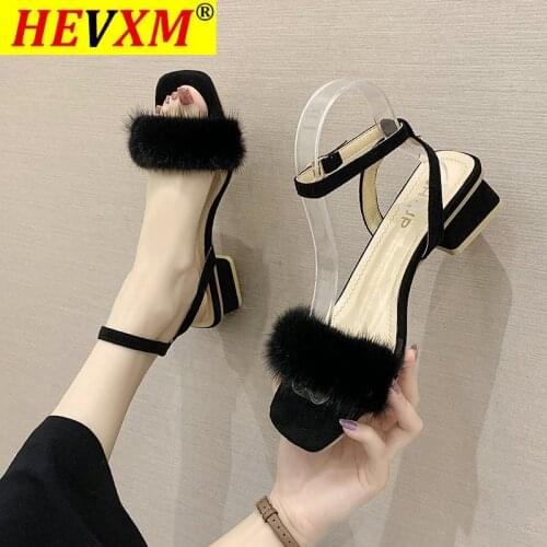 Faux Fur sandals women designer 2021 new summer furry thick high heels sandalias black yellow for women