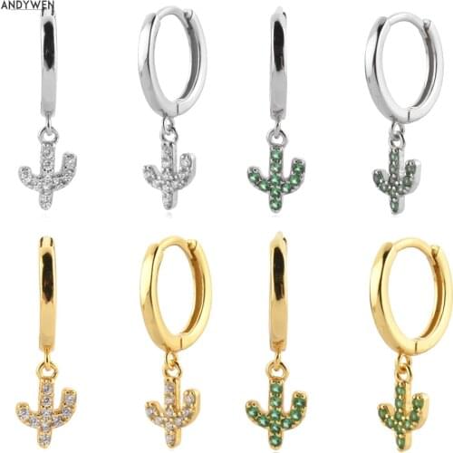 ANDYWEN 925 Sterling Silver Gold Tree Clear Zircon CZ Pendiente Rock Punk Drop Earring Crystal Piercing Clips Luxury Jewelry