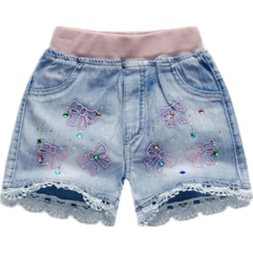 Girls Fashion Elastic Waist Shorts Summer Children Denim Shorts For Kids Clothes Lace Pearls Sequins Cowboy Shorts For 3-10 Year