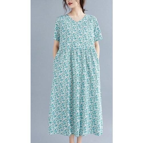 Uego V-neck Short Sleeve Loose Summer Dress Print Floral Vintage Chic Dress Plus Size Women Holiday Casual Midi Dress