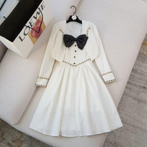 High-quality Two-piece Set 2021 Autumn And Winter Fashion Sweet Small Suit Jacket + Bow Sling Mid-length Dress Suit