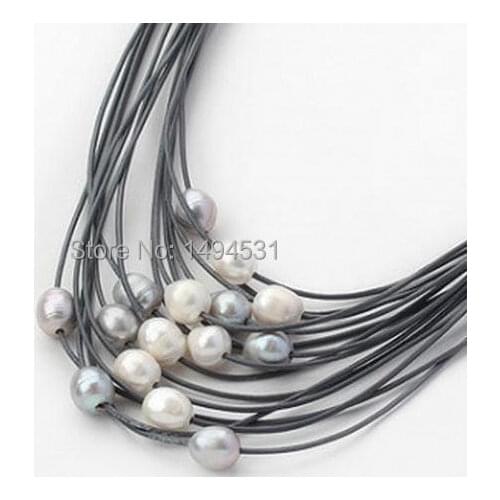 Pearl Necklace - Multi-Strand 11-12mm White Gray Multicolor Freshwater Pearl Leather Necklace Magnet Clasp Women Jewelry