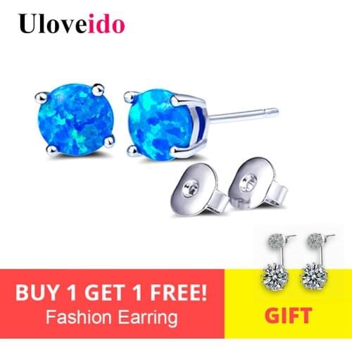 Uloveido 6mm Blue Fire Opal Earrings for Women Silver Color Female Earring with Stone Stud Earings Fashion Jewelry 2017 5% ER077