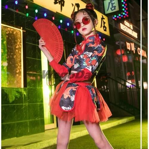 Girls Party Jazz Dance Costume Children Chinese Style Sexy Clothes Navel Tide New