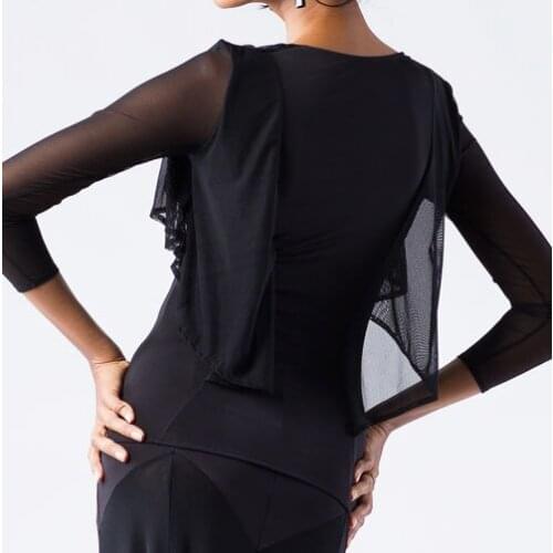 Latin dance 3/4 sleeve shoulder ruffle fake two piece blouse low collar T12075