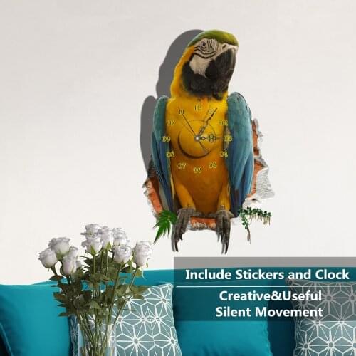 Creative 3D RIO Psittacidae Self Adhesive Wall Clock Stickers Parrot Decor Decals Silent Movement Fancy Watch Art Horloge Mural