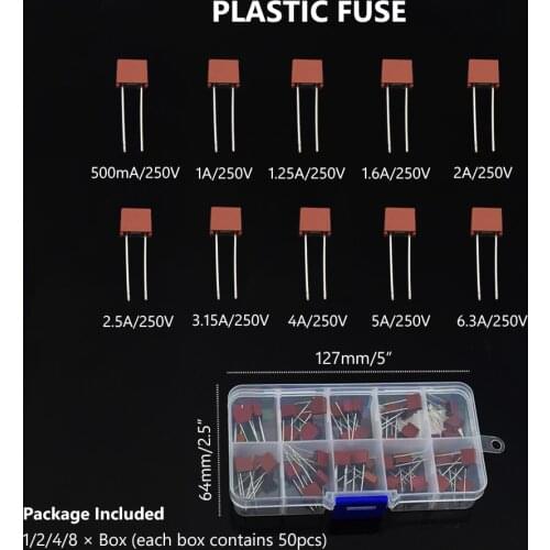 Square Plastic Fuse 0.5-6.3A 250V Type 10 Kinds 50Pcs/Box 392 For TV PCB Board Circiut Protect Electrical Assorted Fuses Mix Set