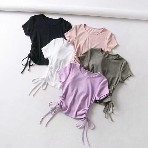 Summer New Women Sexy O Neck Cropped Tops Drawstring Tie Up Front Camis Candy Colors Streetwear Slim Fit Ribbed Crop Top