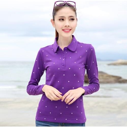 Hot selling autumn polo shirts women Slim turn-down collar snow print Polos shirts casual comfortable long sleeve cotton polos