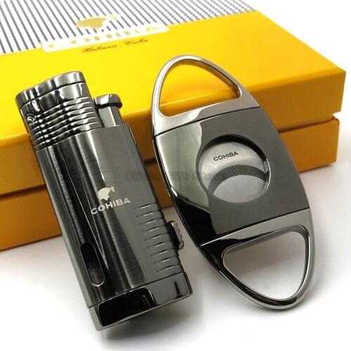 COHIBA Triple Jet Flame Metal Cigar Tobacco Cigarette Lighter With Cigar Punch Guillotine Cutter Butane Gas Lighter Gift Set