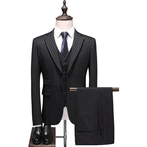 Jacket+Pant+Vest) Slim Fit Striped Suit Men Brand Classic 3 Piece Mens Wedding Suits Dark Grey Mens Formal Suits Party Wear