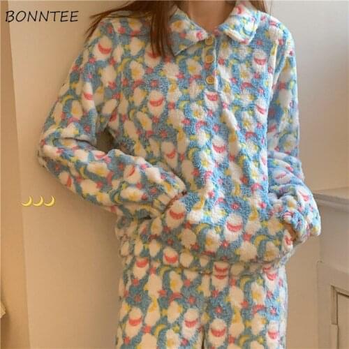 Pajama Sets Women Outfits Warm Soft Winter Full Length Lounge Korean Style Lovely Clothing Sleepwear Thicker Coral Velvet Newest