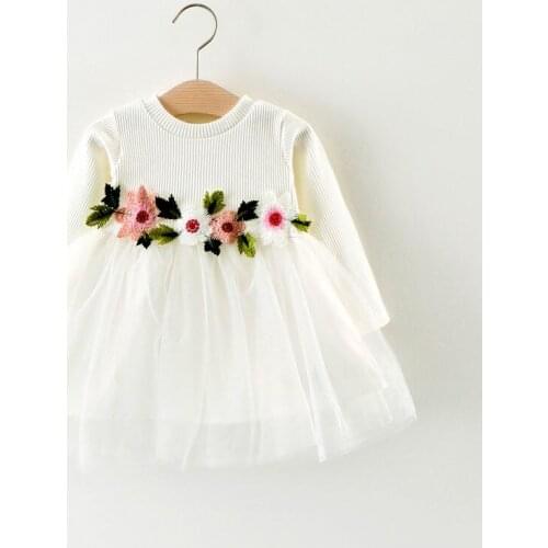 2018 Newborn Toddler Infant Baby Girls Dress Flower Long Sleeve A-line Tulle Dresses Knitted Mesh Patchwork Kid Dress