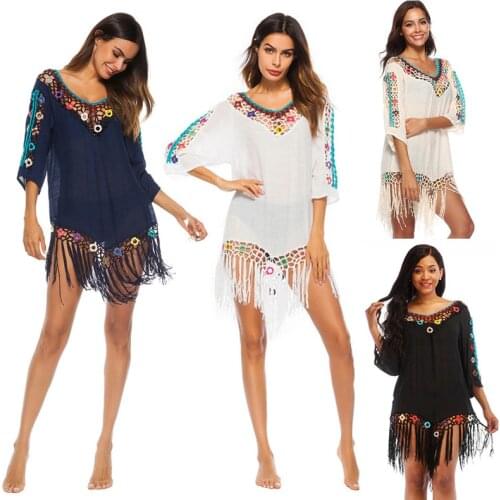 Tassel Beach Dress Tunic White Sleeve Cover Up V-neck Wear Black Corchet Cover Ups Boho Cover-ups for Women Summer Beachwear