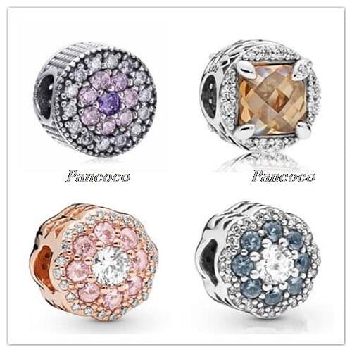 925 Sterling Silver Charm Rose Gold Pink Sparkle Flower With Crystal Beads Fit Pandora Bracelet & Necklace Diy Jewelry