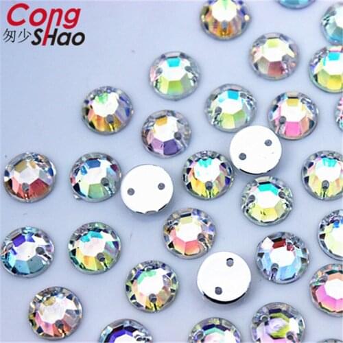 Cong Shao 8/10/12mm AB Clear Flatback Round Stones And Crystals Acrylic Rhinestone Sewing 2 Hole DIY Wedding Dress Button CS340