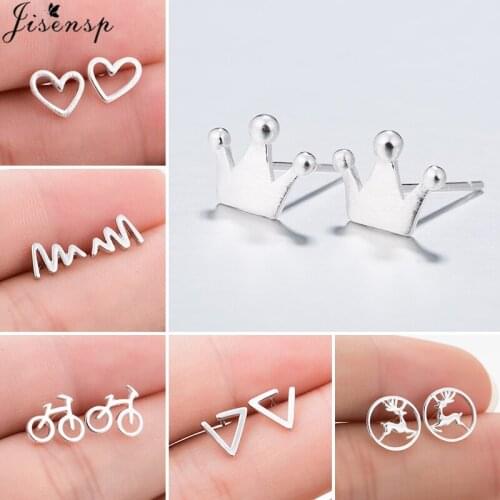2021 Korean Crown Heart Stud Earrings for Women Silver Color Mini Bicycle Wave Triangle Deer Earings Kids Everyday Jewelry Gifts