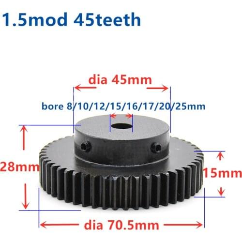 Quench Spur Gear pinion 1.5M 45T 45Teeth Mod 1.5 Width 15mm Bore 8mm-25mm Right Teeth major gear cnc gear rack transmission RC