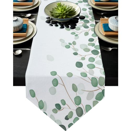 Eucalyptus Leaves Plant Green White Modern Table Runner Wedding For Party Event Home Decoration Table Mat Decor Accessories