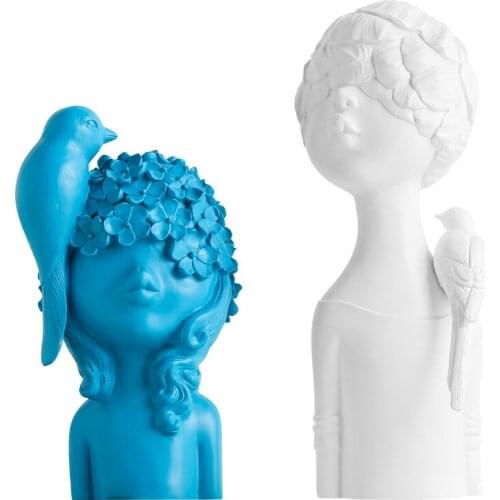 Resin Bird Flower Girl Figurines Nordic Ins Creative Character Statue Abstract Ornament Housewarming Gift Decor Home Accessories