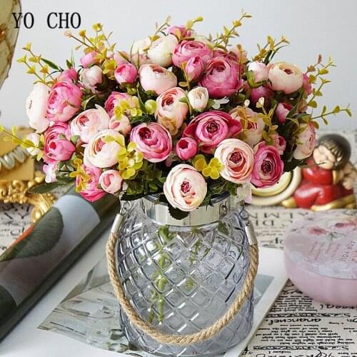 YO CHO 10 Heads Artificial Rose Flower Peony Fake Eucalyptu leaf Bouquet Wedding Decor Silk Flower Home Decor Peony Cheap Flower