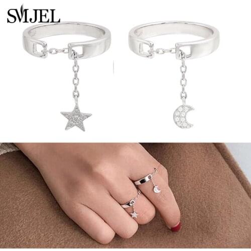 SMJEL Crystal Moon Star Rings Adjustable Simple Heartbeat Kunckle Ring Anel Women Wedding Jewelry Doctor Nurse Gift Bague femme