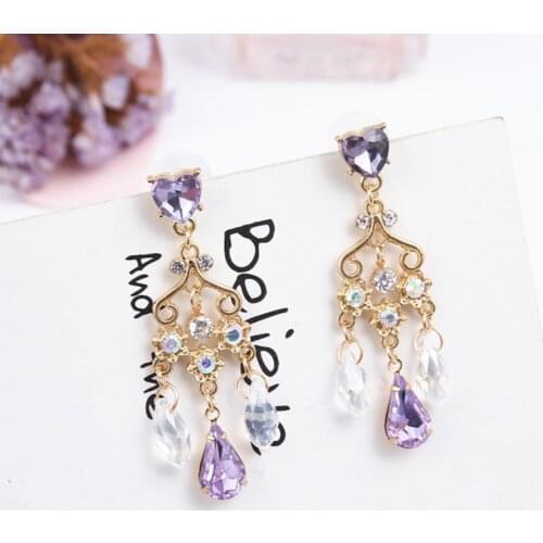 Korean Charm Purple Rhinestone Heart Earrings for Women Hollow Flower Water Drop Crystal Pendant Ear Accessories Party 5B3039