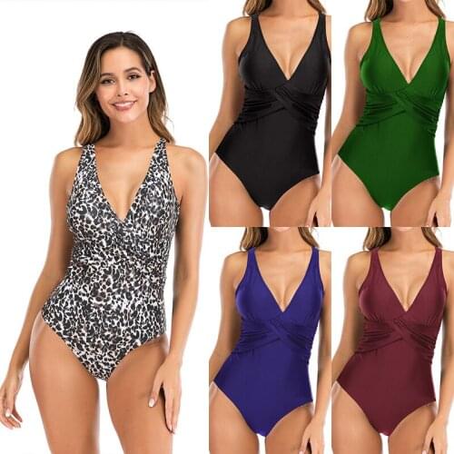 Women One Pieces Swimwear 2021 Sexy Female Summer V Neck Monokini Halter Wrinkle Bathing Suit Push Up Swimming Suit Bodysuit
