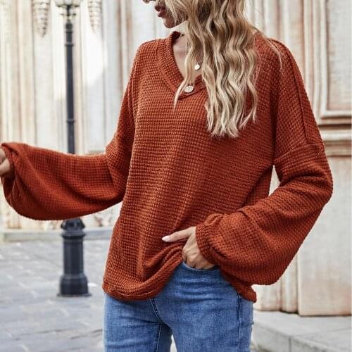 Lady Sweaters Womens V Neck Ribbed Chunky Knit Pullover Sweater Solid Color Long Sleeve Puff Sleeve Knitwear Blouse Top Pullover