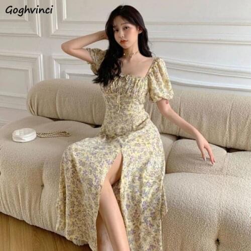 Vintage Dress Women Side-slit Student French Trendy Square Collar Aesthetic Floral Holiday Elegant Puff Sleeve Summer Sundress