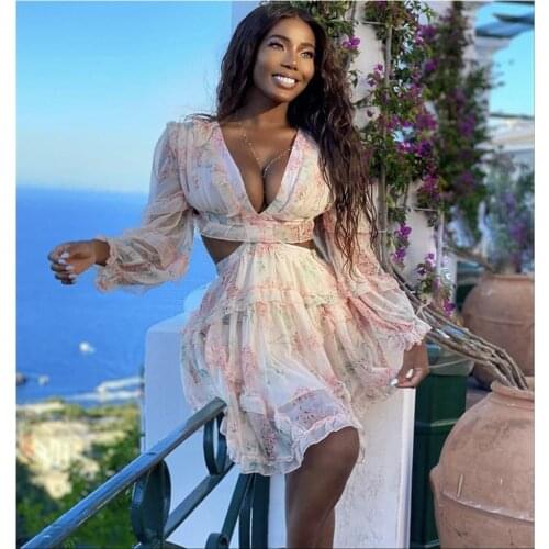 New Chic Women Sexy Hollow Out Floral Pleated Summer Dress 2021 Designer Bodycon High Street Evening Party Dress Vestido