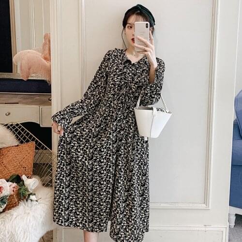 1029# Maternity Dress Spring Autumn Chiffon Floral Long Sleeves Loose Stylish Dress for Pregnant Women Mom Dress