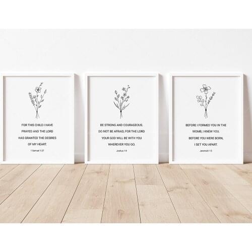 3 Nursery Bible Verses, Baby Girl Nursery Scripture, Be Strong Joshua 1: 9, Christian Nursery Botanical Decor, Floral Line Art F